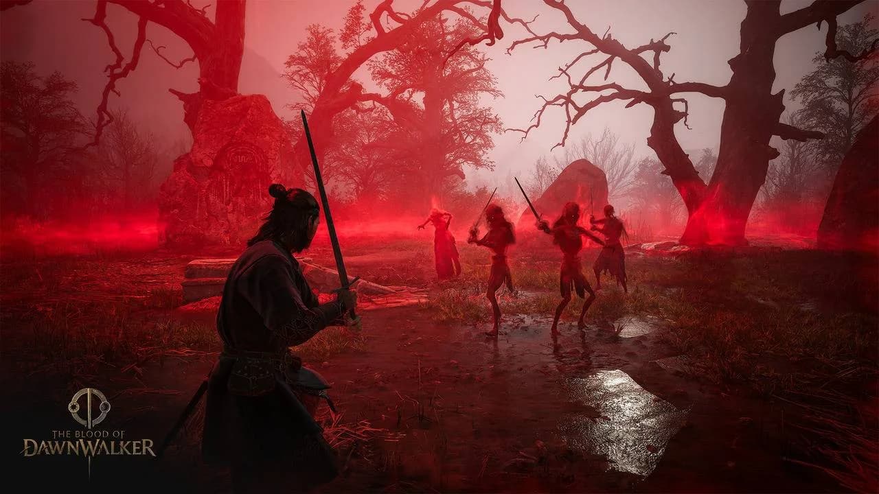 Coen confronts creatures in a red-misted forest in official Dawnwalker gameplay