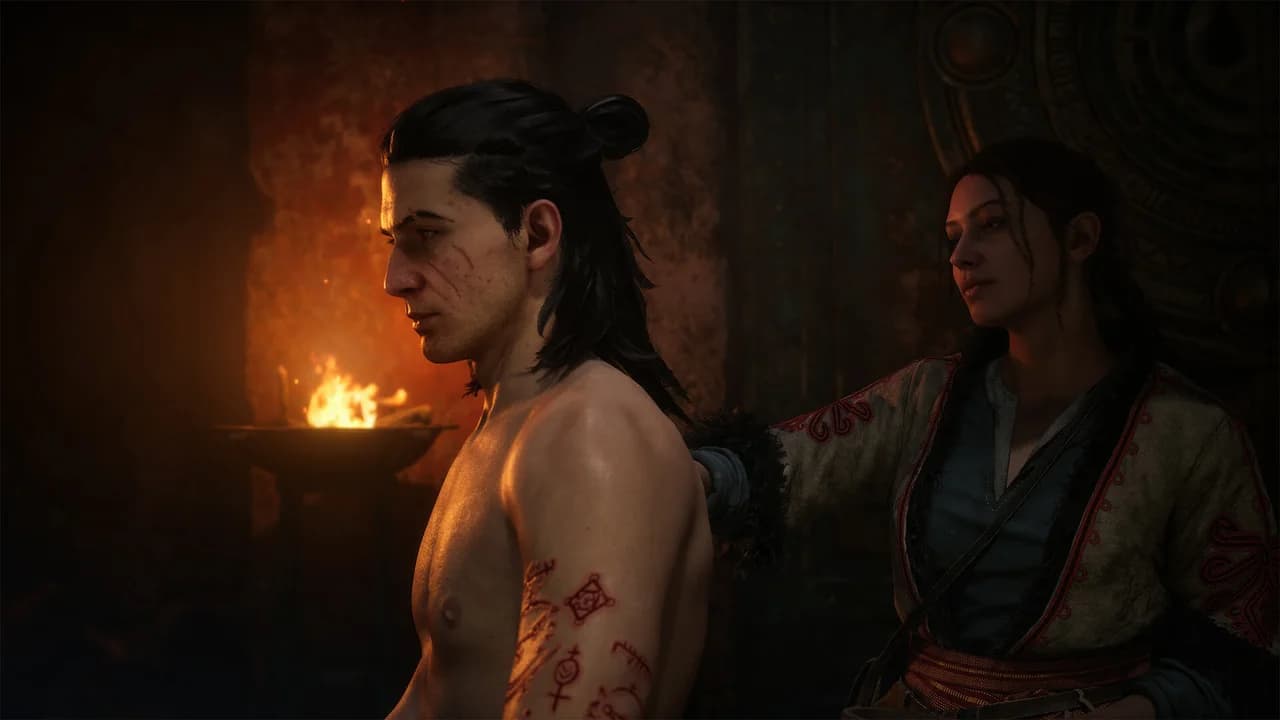 Coen with carved runes on his body in an official Dawnwalker scene