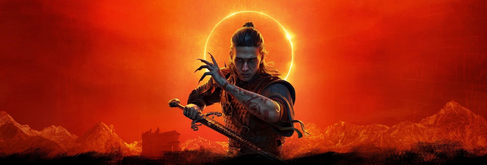 Coen stands beneath a fiery eclipse in official Dawnwalker key art
